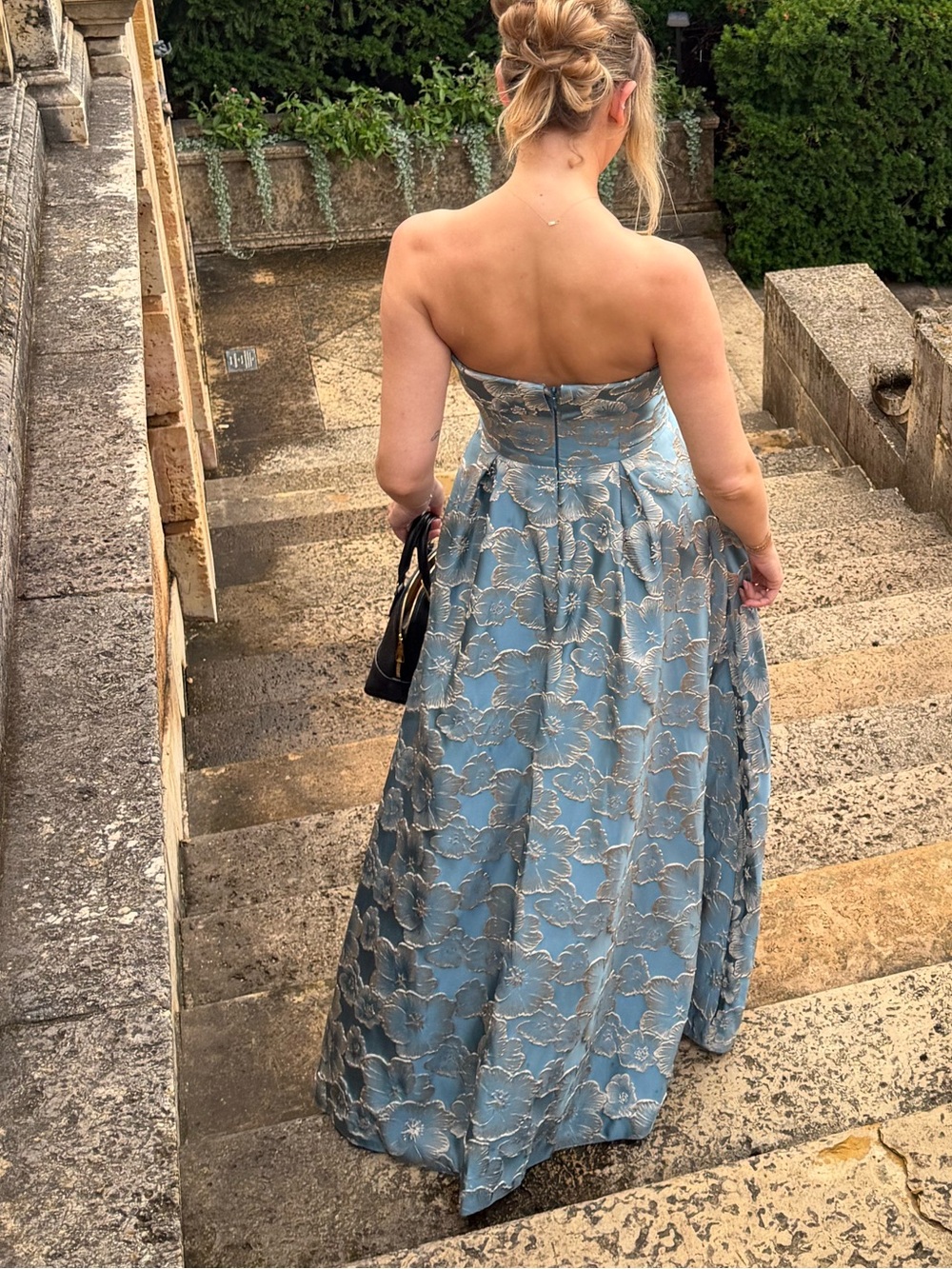 Azazie Strapless Blue and Gold Floral Jacquard Gown - Picture 3 of 4